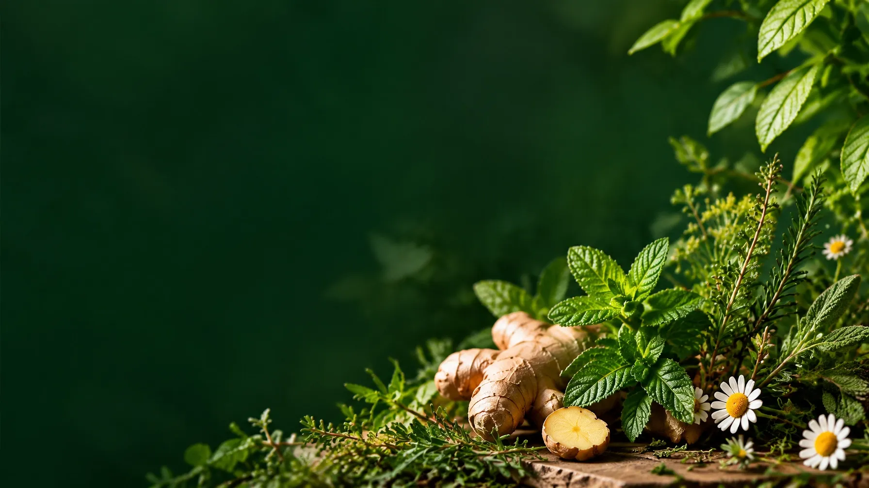 Fresh ginger, herbs and chamomile against a deep green botanical backdrop